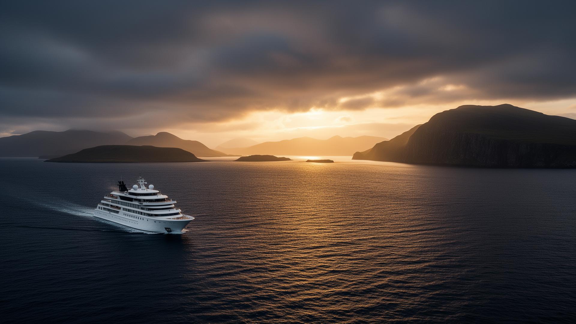 Hebridean Princess sailing through the Inner Hebrides at dusk